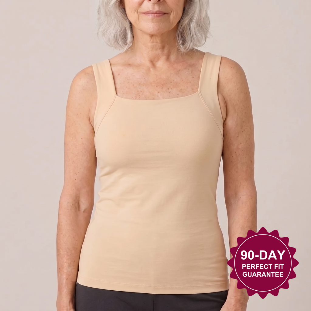Woman over 50 wearing the nude Talina built-in bra tank, 90-day perfect fit guarantee