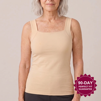 Woman over 50 wearing the nude Talina built-in bra tank, 90-day perfect fit guarantee