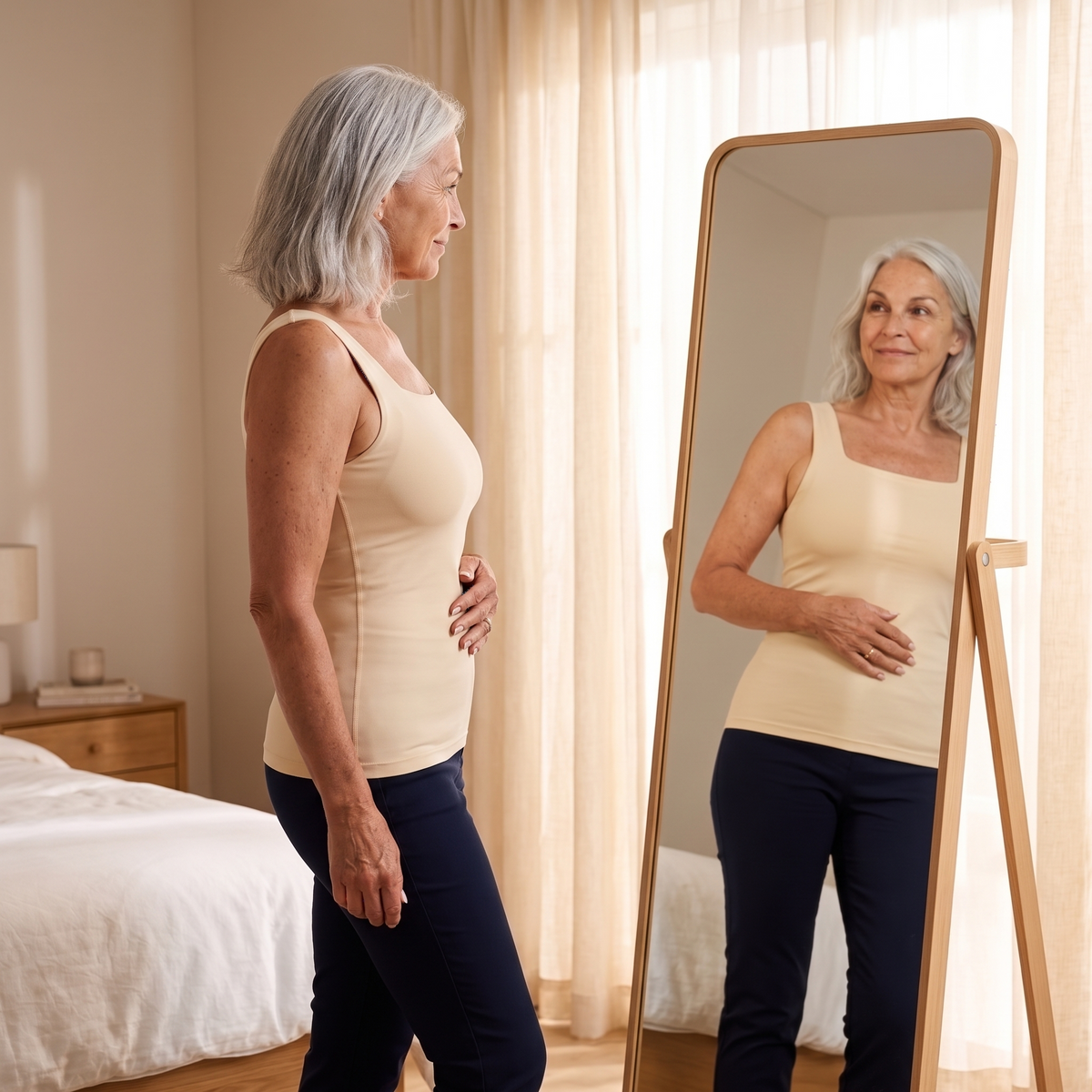 Woman smiling at her smooth shape in the mirror in the Talina tank