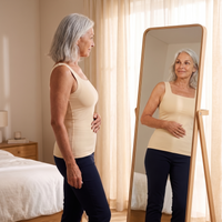 Woman smiling at her smooth shape in the mirror in the Talina tank