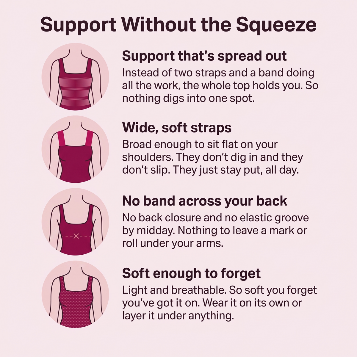 Support without the squeeze: support spread out, wide soft straps, no band, soft enough to forget