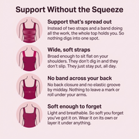 Support without the squeeze: support spread out, wide soft straps, no band, soft enough to forget