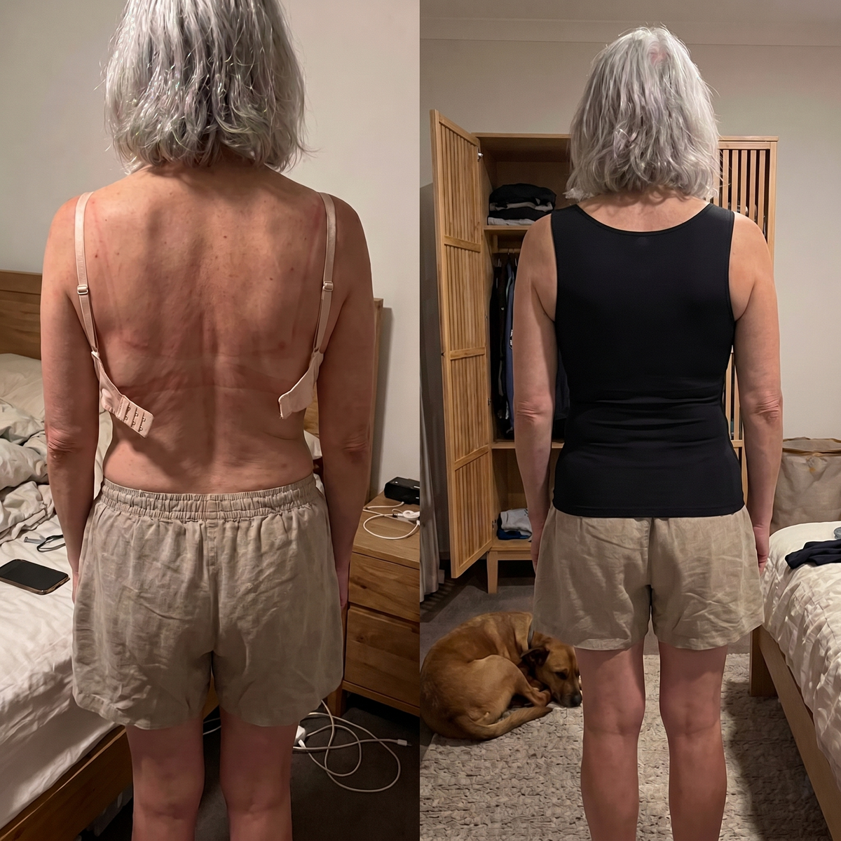 Before: bra marks across her back. After: smooth back in the black Talina tank